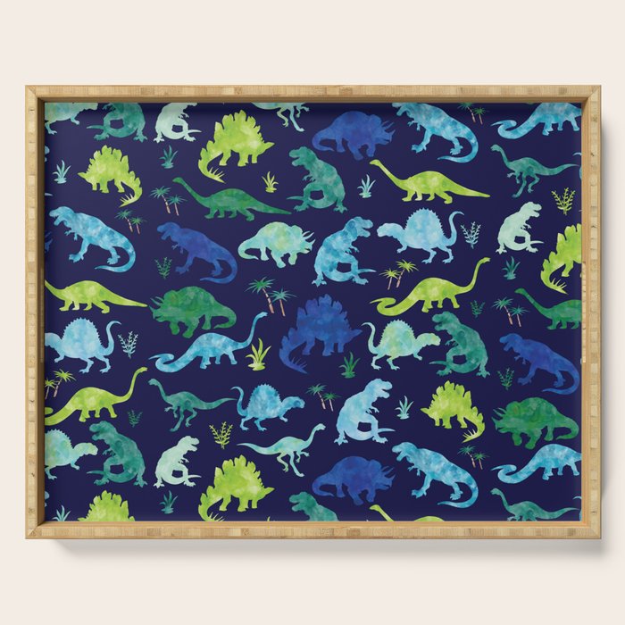 Watercolor Dinosaur Blue Green Dino Pattern Serving Tray Gallery Image 1