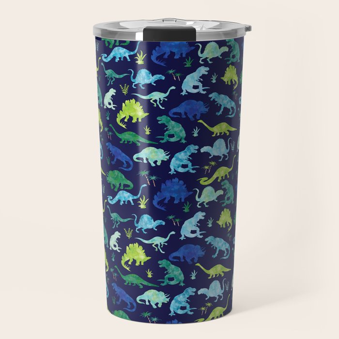 Watercolor Dinosaur Blue Green Dino Pattern Travel Mug Gallery Image 1