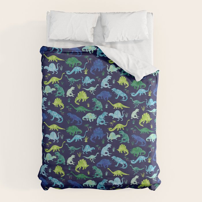 Watercolor Dinosaur Blue Green Dino Pattern Duvet Cover Gallery Image 1