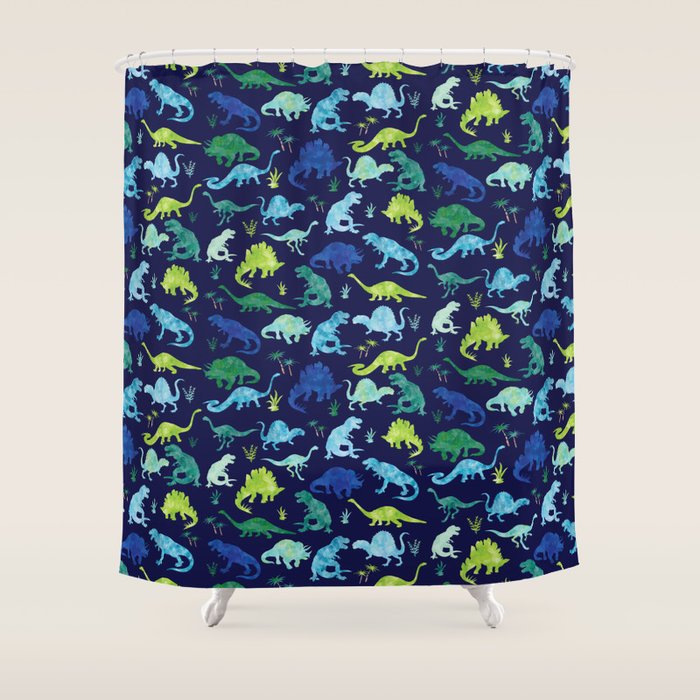 Watercolor Dinosaur Blue Green Dino Pattern Shower Curtain Gallery Image 1