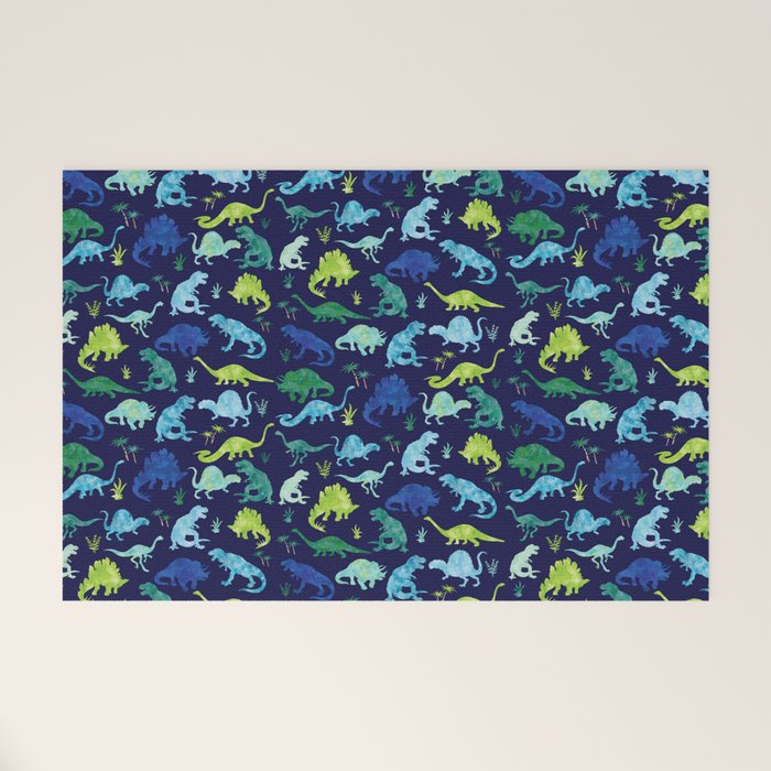 Watercolor Dinosaur Blue Green Dino Pattern Welcome Mat Gallery Image 1