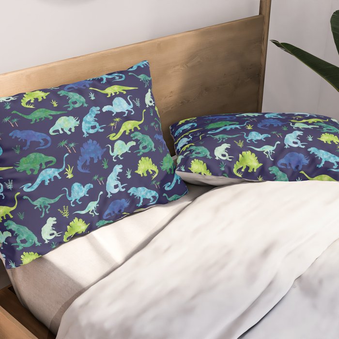 Watercolor Dinosaur Blue Green Dino Pattern Pillow Sham Gallery Image 2