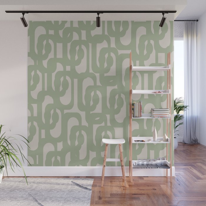Sage Green Mid Century Modern Loop Abstract Neutral Pattern Wall Mural Gallery Image 1