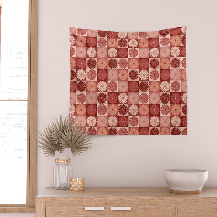 Retro Flowers Check Pattern XI Wall Tapestry Gallery Image 2