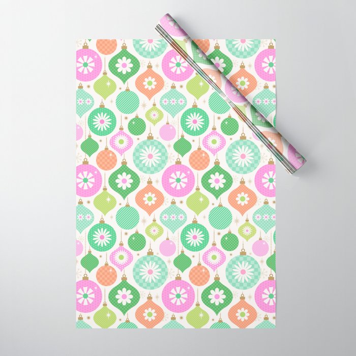 Happy Holidays Retro Ornaments - Pink & Green Wrapping Paper Gallery Image 1