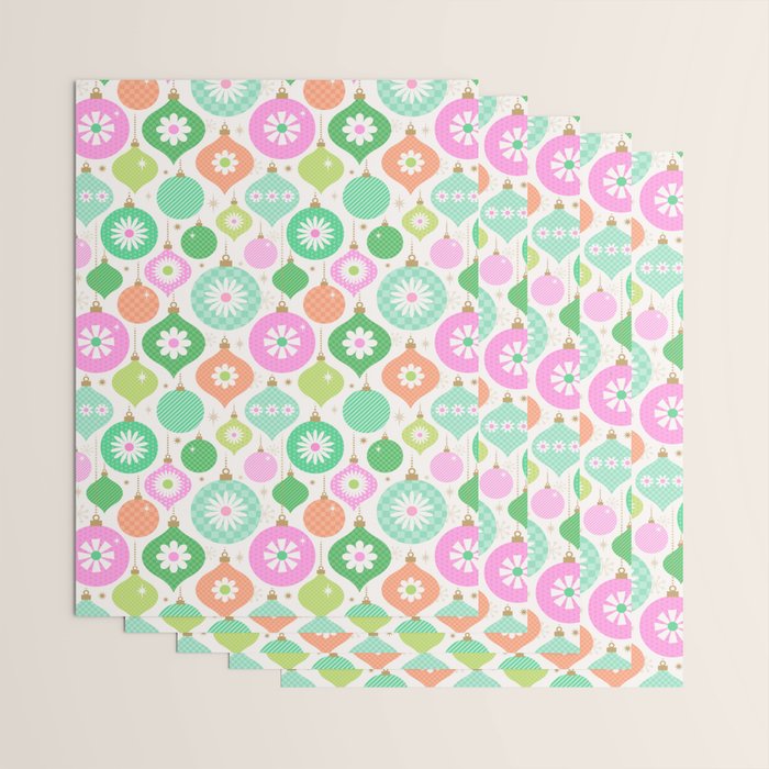 Happy Holidays Retro Ornaments - Pink & Green Wrapping Paper Gallery Image 3