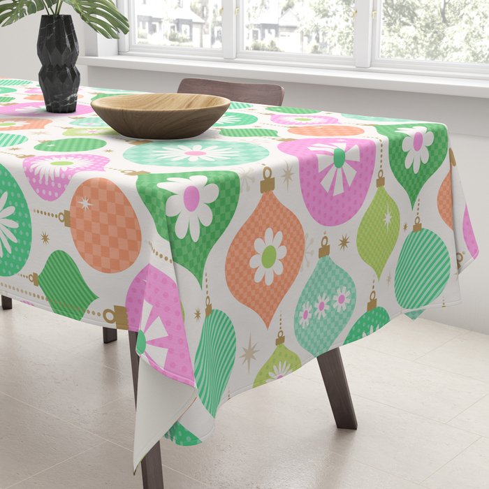 Happy Holidays Retro Ornaments - Pink & Green Tablecloth Gallery Image 3