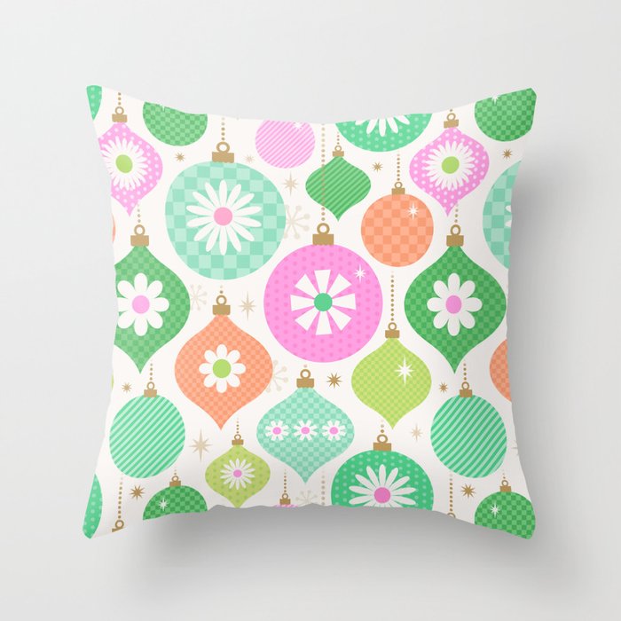 Happy Holidays Retro Ornaments - Pink & Green Throw Pillow Gallery Image 6