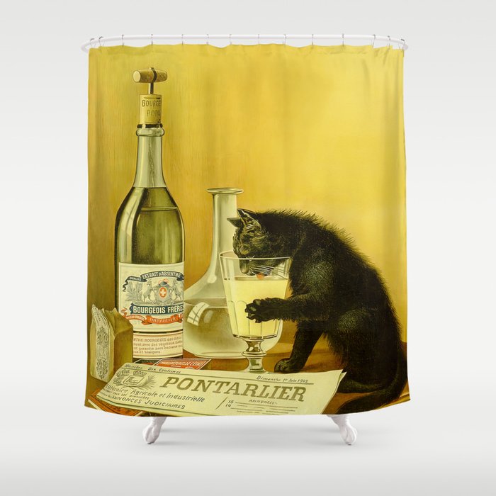 Cat, Absinthe, Vintage Beverage Poster Shower Curtain Gallery Image 1