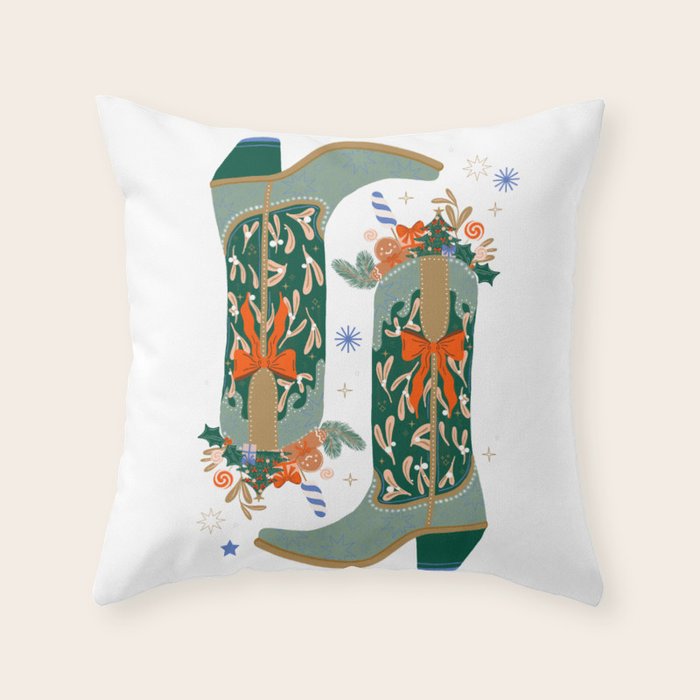 Festive Cowboy Boot Christmas Art  Whimsical Western Holiday Decor Throw Pillow Gallery Image 6