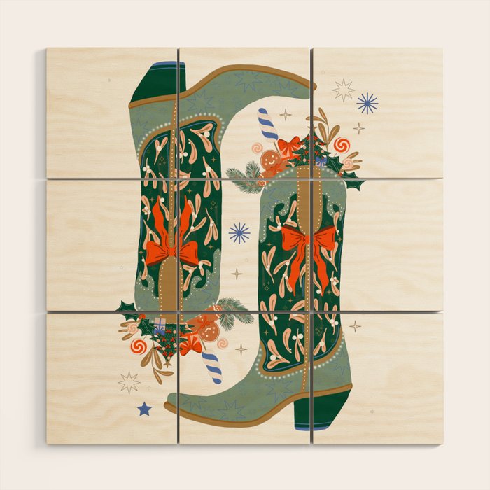 Festive Cowboy Boot Christmas Art  Whimsical Western Holiday Decor Wood Wall Art Gallery Image 1