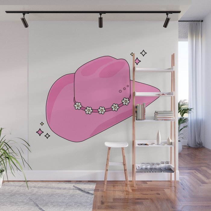 Cowboy Hat Print Pink Preppy Decor Aesthetic Wall Mural Gallery Image 1