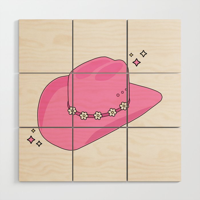 Cowboy Hat Print Pink Preppy Decor Aesthetic Wood Wall Art Gallery Image 1