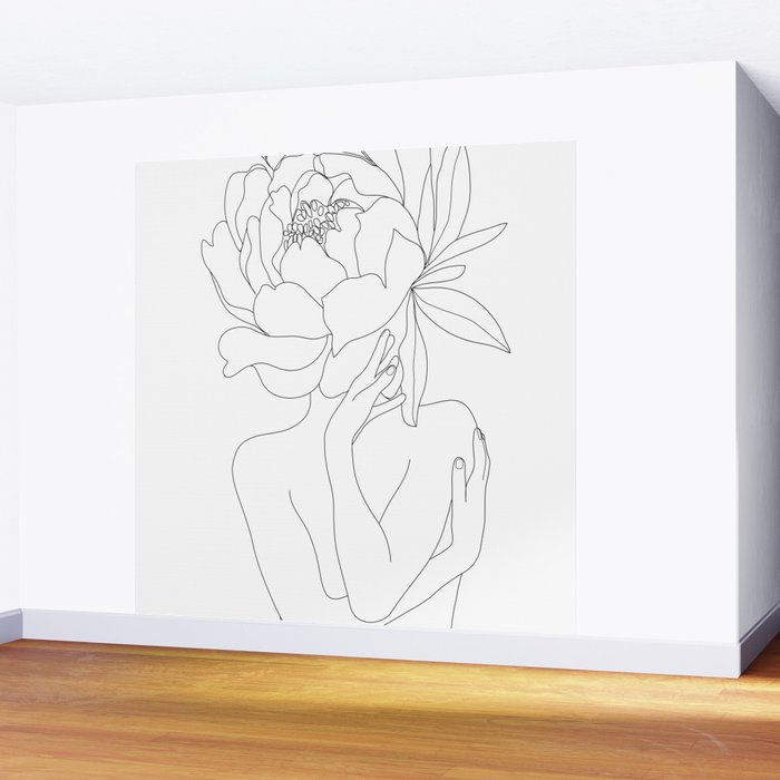 Minimal Line Art Woman Flower Head Wall Mural Gallery Image 2