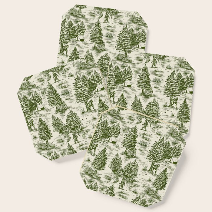 Bigfoot / Sasquatch Toile de Jouy in Forest Green Coaster Gallery Image 1