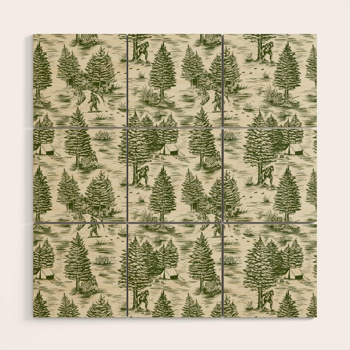 Bigfoot / Sasquatch Toile de Jouy in Forest Green Wood Wall Art Gallery Image 1