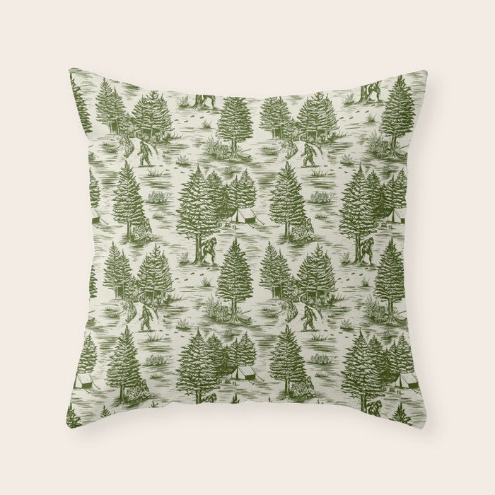 Bigfoot / Sasquatch Toile de Jouy in Forest Green Throw Pillow Gallery Image 1