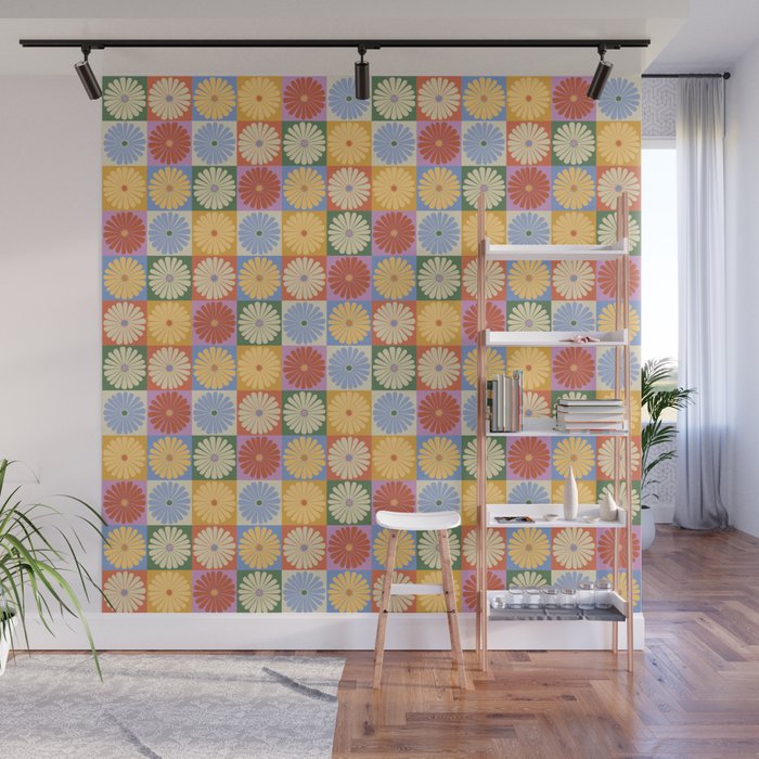 Retro Flowers Check Pattern XXIX Wall Mural Gallery Image 1