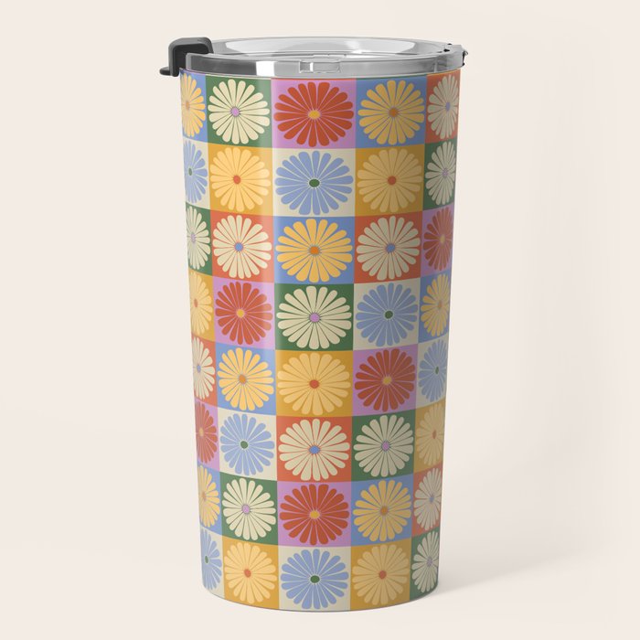 Retro Flowers Check Pattern XXIX Travel Mug Gallery Image 3