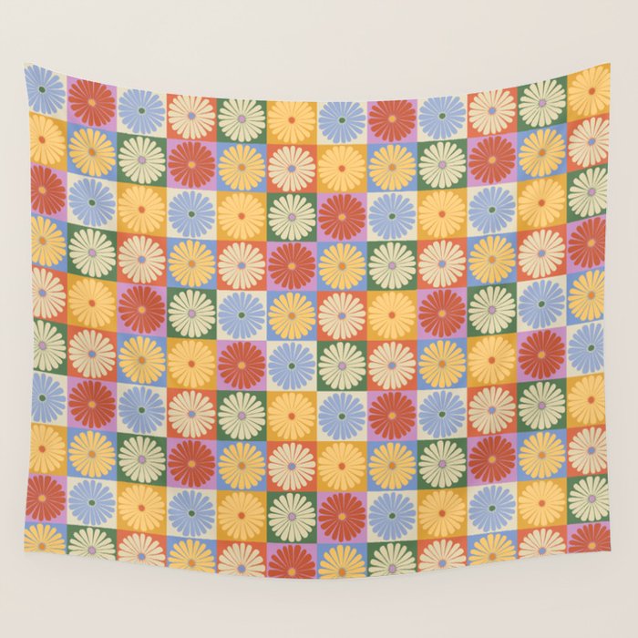 Retro Flowers Check Pattern XXIX Wall Tapestry Gallery Image 4