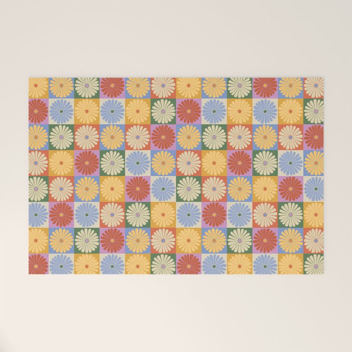 Retro Flowers Check Pattern XXIX Welcome Mat Gallery Image 1