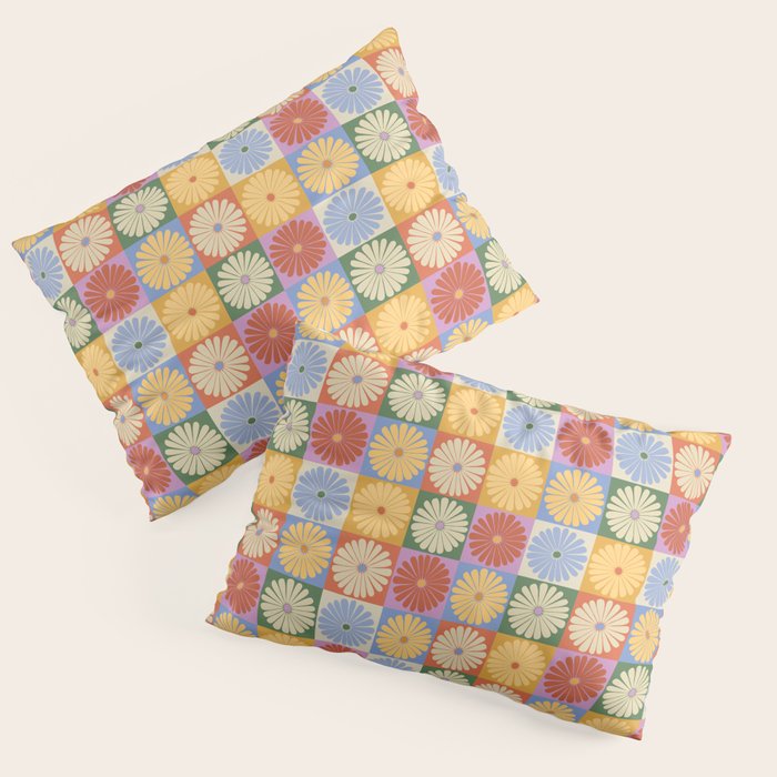 Retro Flowers Check Pattern XXIX Pillow Sham Gallery Image 3