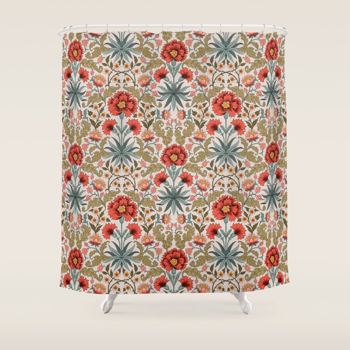 Victorian Botanicals - Carnations in Red and Green Shower Curtain Gallery Image 1