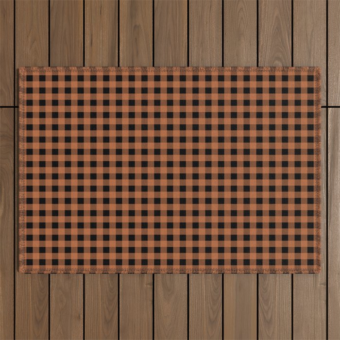 Halloween Gingham Check Pattern in Black and Muted Orange Outdoor Rug Gallery Image 1
