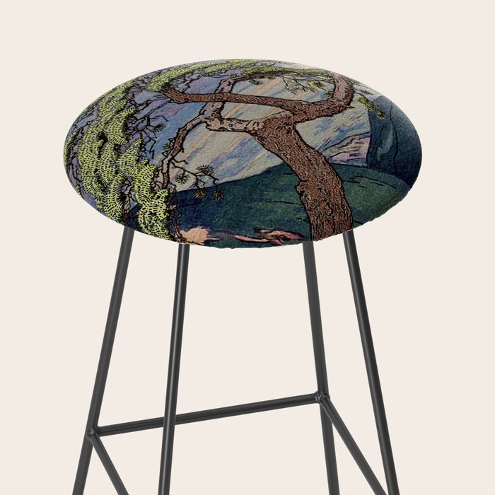 The Downwards Climbing - Summer Tree & Mountain Ukiyoe Nature Landscape in Green Stool Gallery Image 2
