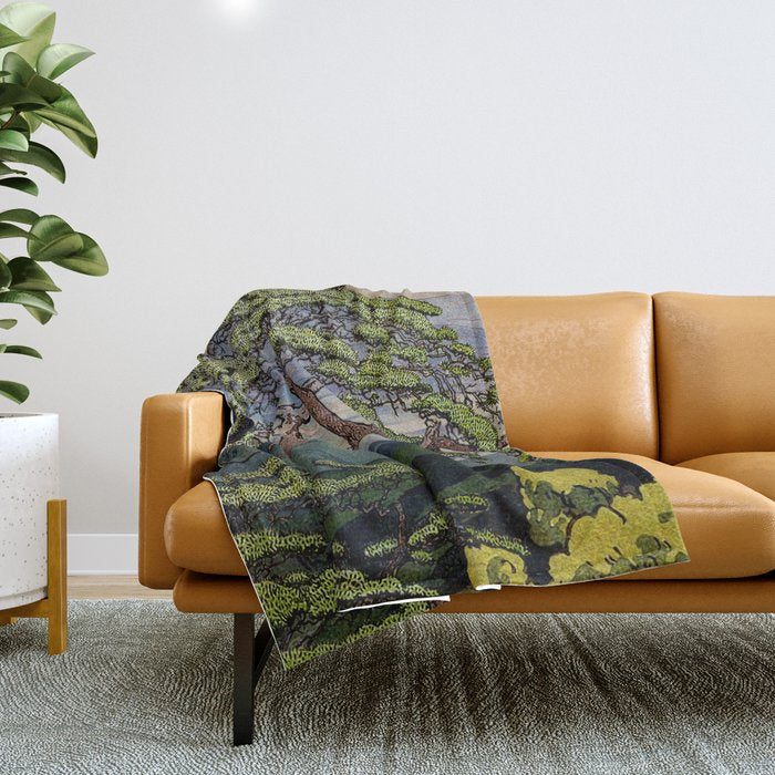 The Downwards Climbing - Summer Tree & Mountain Ukiyoe Nature Landscape in Green Throw Blanket Gallery Image 1