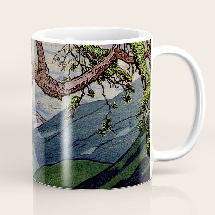 The Downwards Climbing - Summer Tree & Mountain Ukiyoe Nature Landscape in Green Coffee Mug Gallery Image 1