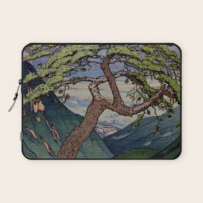 The Downwards Climbing - Summer Tree & Mountain Ukiyoe Nature Landscape in Green Laptop Sleeve Gallery Image 1