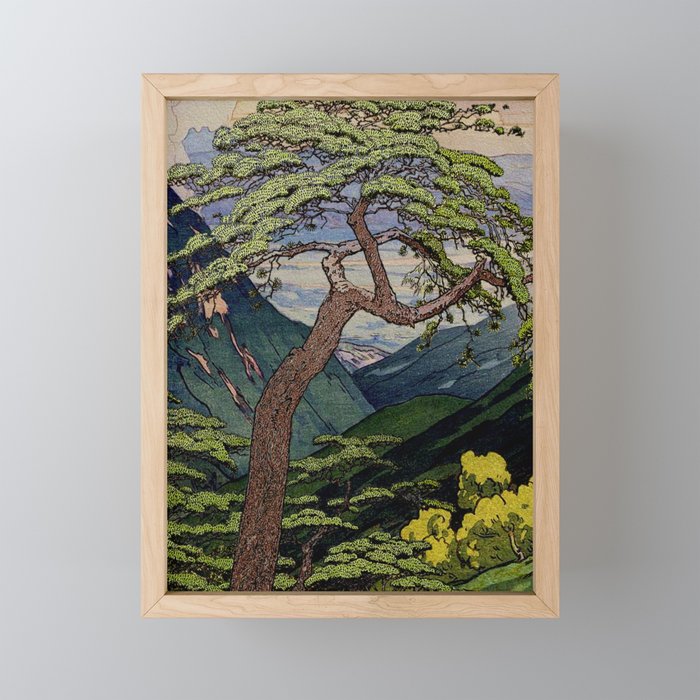 The Downwards Climbing - Summer Tree & Mountain Ukiyoe Nature Landscape in Green Mini Art Print Gallery Image 1
