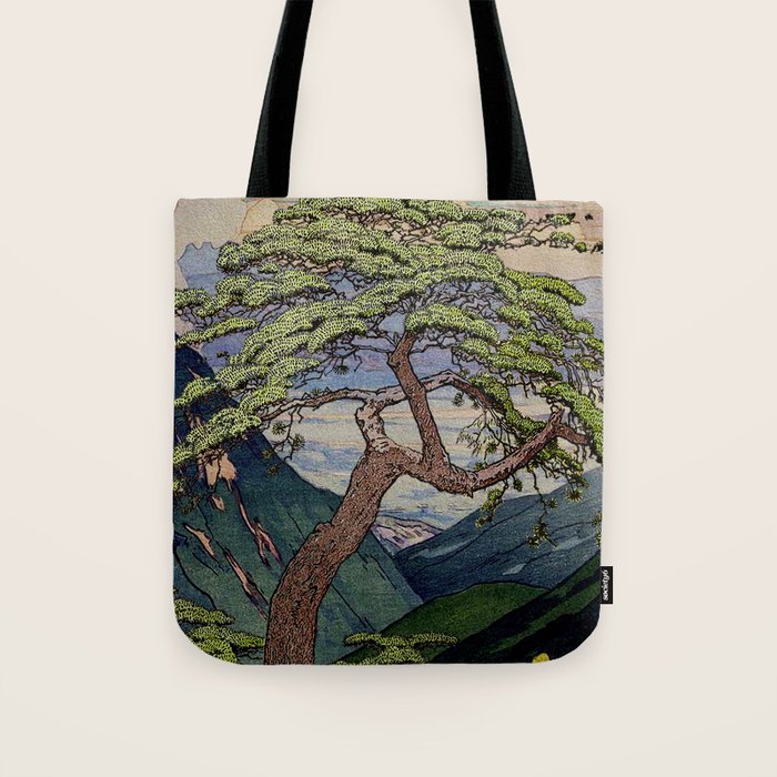 The Downwards Climbing - Summer Tree & Mountain Ukiyoe Nature Landscape in Green Tote Bag Gallery Image 1