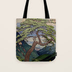 The Downwards Climbing - Summer Tree & Mountain Ukiyoe Nature Landscape in Green Tote Bag Gallery Image 1