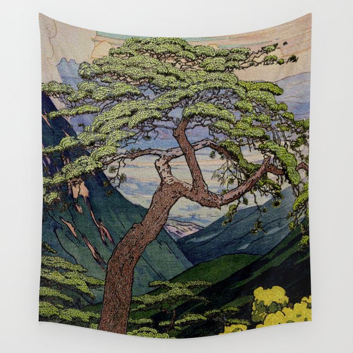 The Downwards Climbing - Summer Tree & Mountain Ukiyoe Nature Landscape in Green Wall Tapestry Gallery Image 4