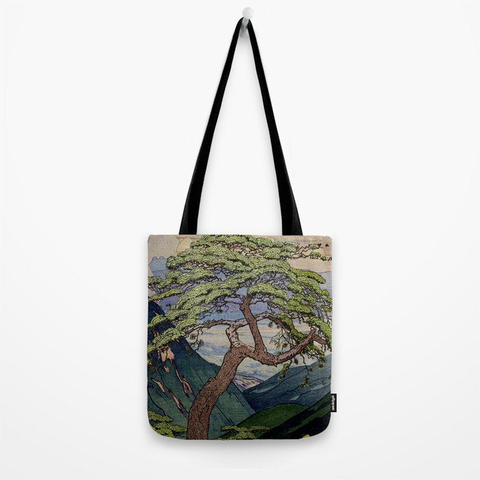 The Downwards Climbing - Summer Tree & Mountain Ukiyoe Nature Landscape in Green Tote Bag Gallery Image 2