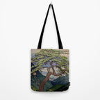 The Downwards Climbing - Summer Tree & Mountain Ukiyoe Nature Landscape in Green Tote Bag Gallery Image 2