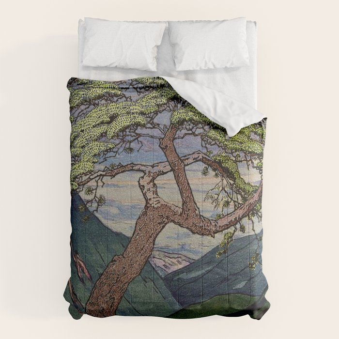 The Downwards Climbing - Summer Tree & Mountain Ukiyoe Nature Landscape in Green Comforter Gallery Image 6