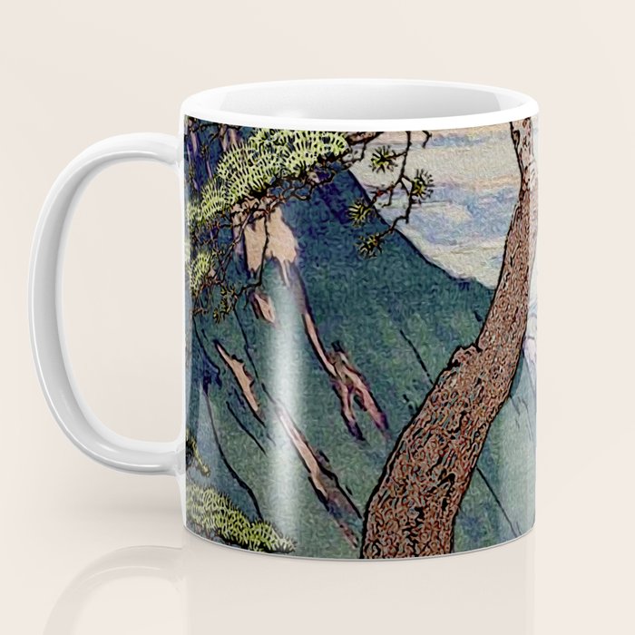 The Downwards Climbing - Summer Tree & Mountain Ukiyoe Nature Landscape in Green Coffee Mug Gallery Image 3