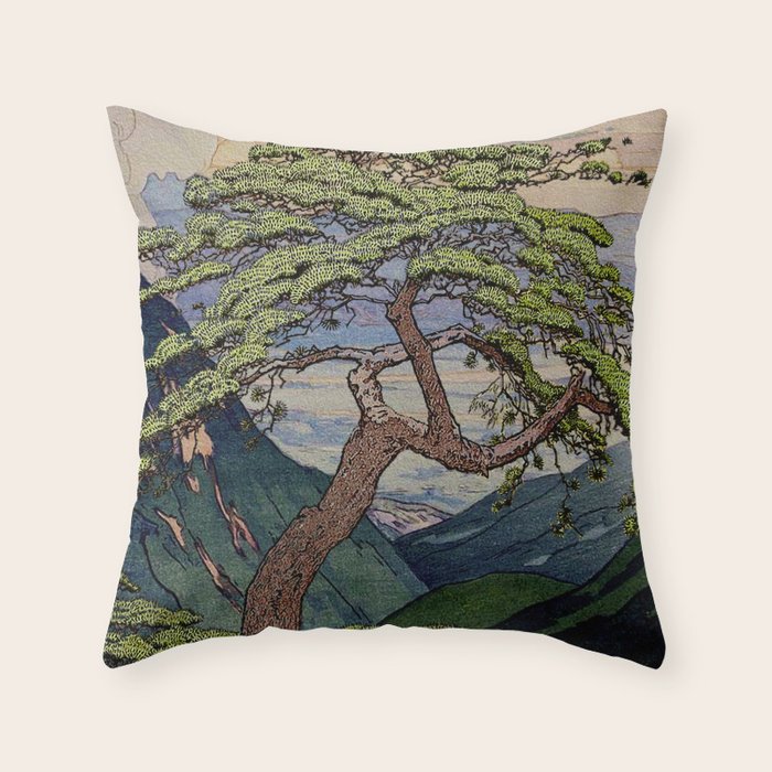 The Downwards Climbing - Summer Tree & Mountain Ukiyoe Nature Landscape in Green Throw Pillow Gallery Image 1
