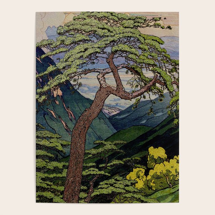 The Downwards Climbing - Summer Tree & Mountain Ukiyoe Nature Landscape in Green Poster Gallery Image 4