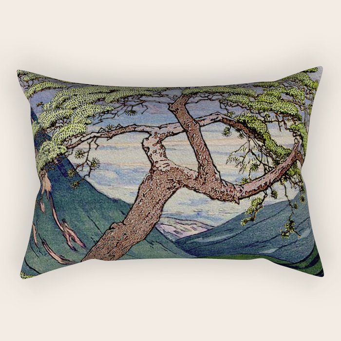 The Downwards Climbing - Summer Tree & Mountain Ukiyoe Nature Landscape in Green Rectangular Pillow Gallery Image 1