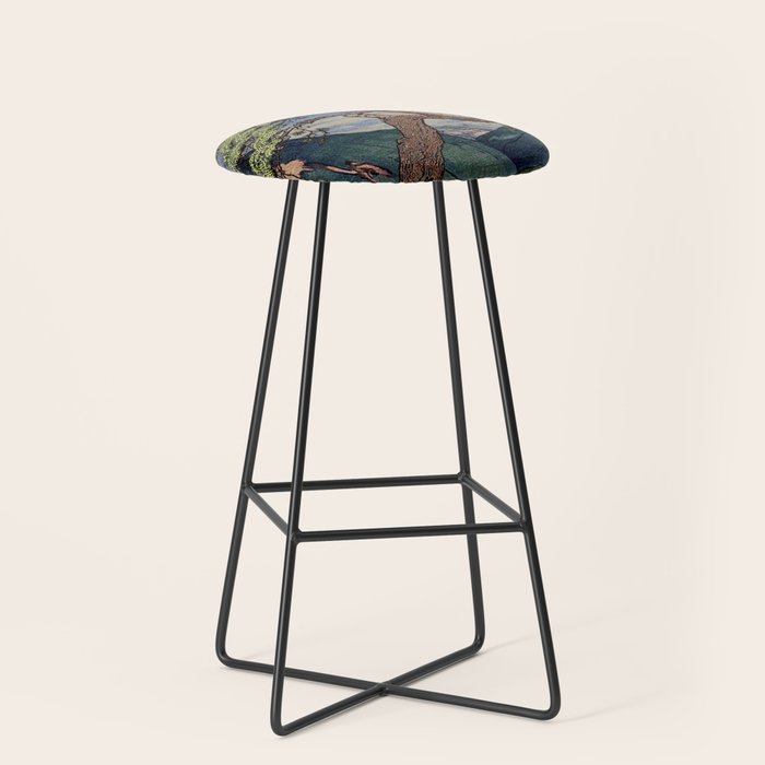 The Downwards Climbing - Summer Tree & Mountain Ukiyoe Nature Landscape in Green Stool Gallery Image 1