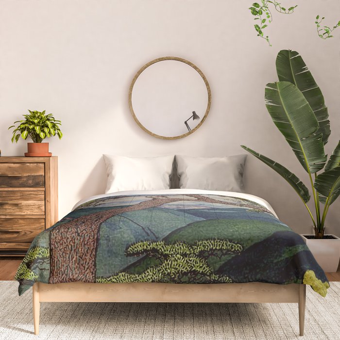 The Downwards Climbing - Summer Tree & Mountain Ukiyoe Nature Landscape in Green Comforter Gallery Image 3