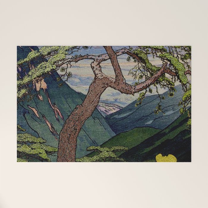 The Downwards Climbing - Summer Tree & Mountain Ukiyoe Nature Landscape in Green Welcome Mat Gallery Image 1