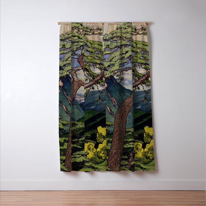 The Downwards Climbing - Summer Tree & Mountain Ukiyoe Nature Landscape in Green Window Curtain Gallery Image 3