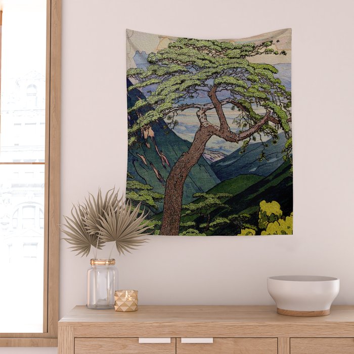 The Downwards Climbing - Summer Tree & Mountain Ukiyoe Nature Landscape in Green Wall Tapestry Gallery Image 2