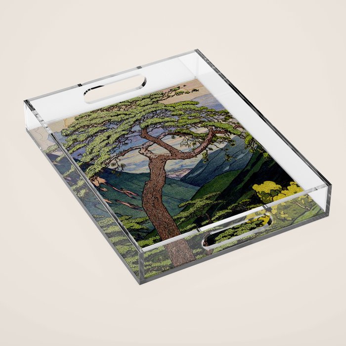 The Downwards Climbing - Summer Tree & Mountain Ukiyoe Nature Landscape in Green Acrylic Tray Gallery Image 1