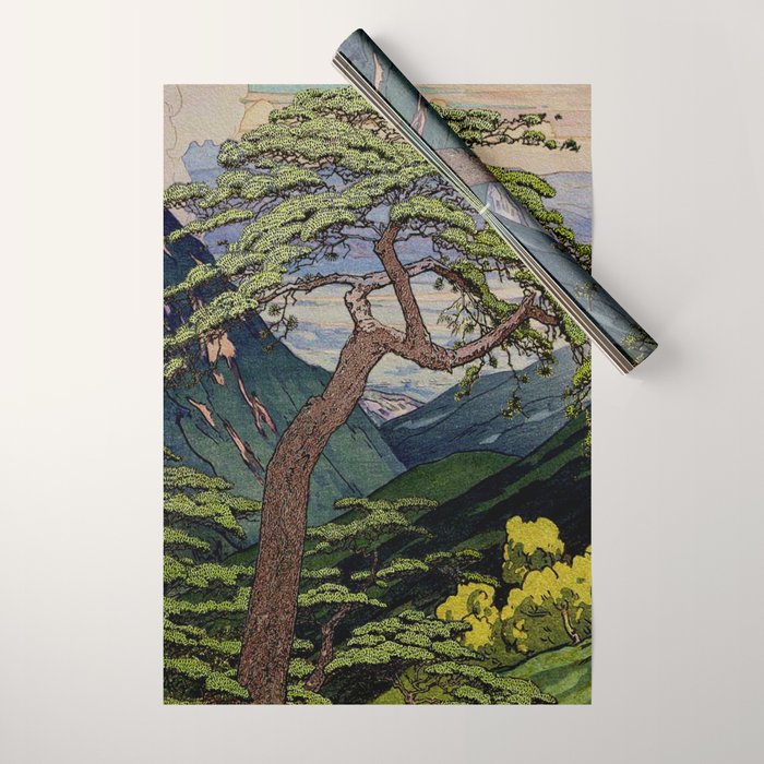 The Downwards Climbing - Summer Tree & Mountain Ukiyoe Nature Landscape in Green Wrapping Paper